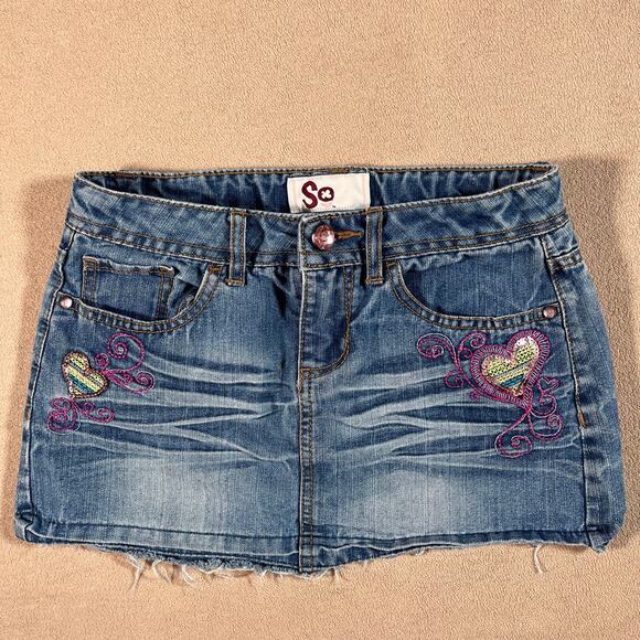 SO Dresses & Skirts - VTG Y2K Micro Mini Denim Skirt Mcbling Baddie Sequins Heart Girls Sz 12 Wmns 0